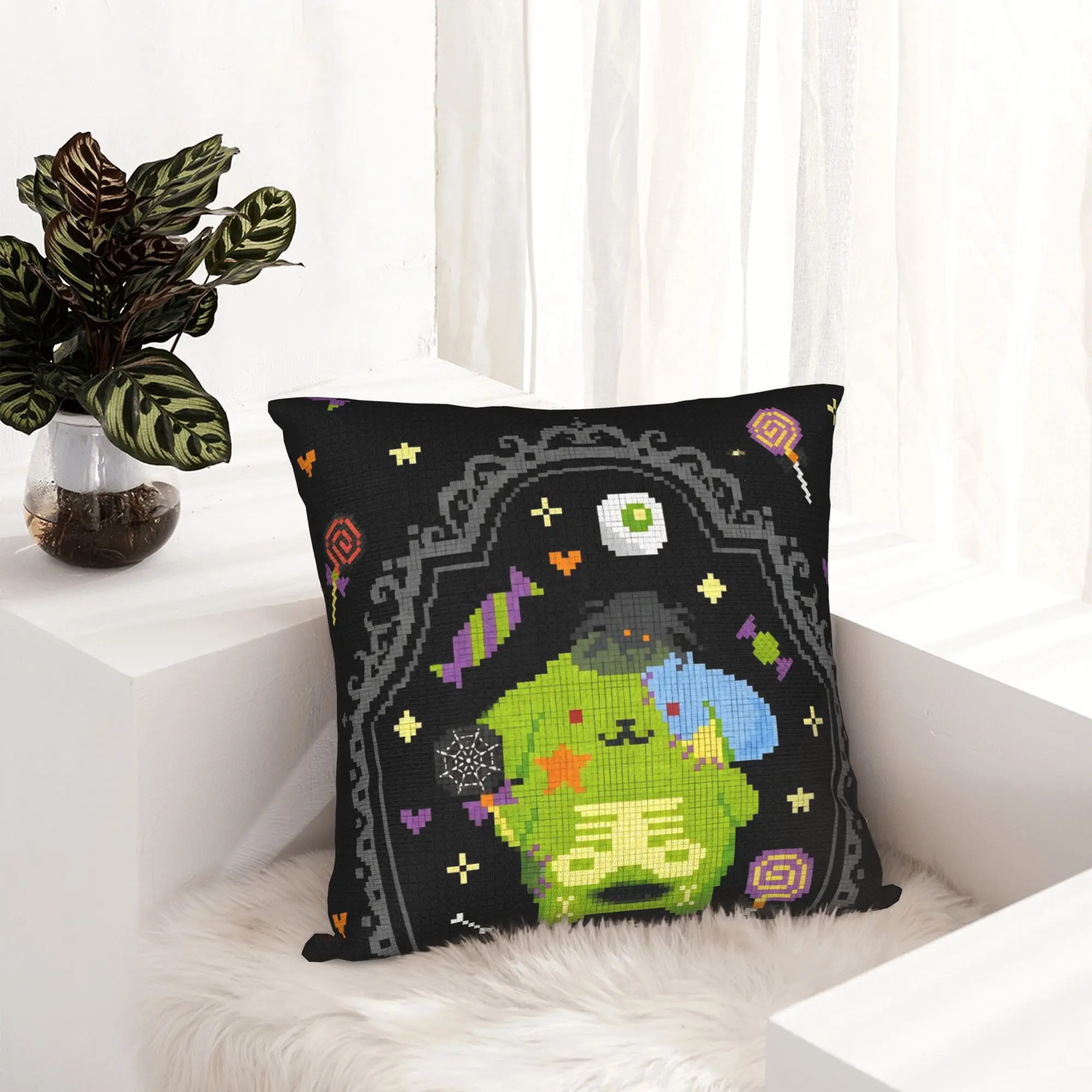 Halloween Witch Pompompurins Pillowcase Printed Cushion Cover Decorations Pixel Art Pumpkin Throw Pillow Case Cover Car Zippered