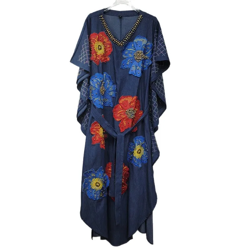 ANJY 2025 Autumn New Women's Denim Dress Loose V-neck Heavy Embroidered Flares Appliques Chic Fashionable Elegant Dresses A13911