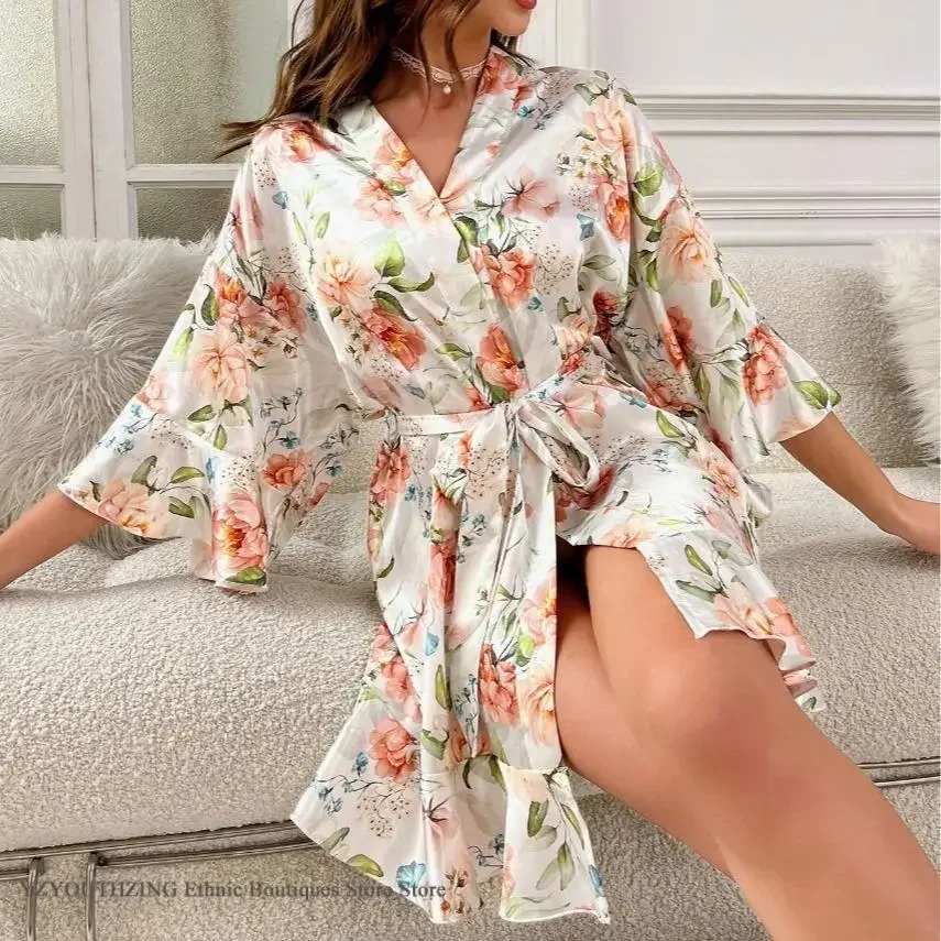 

Spring Summer New Women's Sleepwear Robe Print Flower Kimono Bathrobe Gown Loose Night Dress Home Wear Ice Silk Loungewear