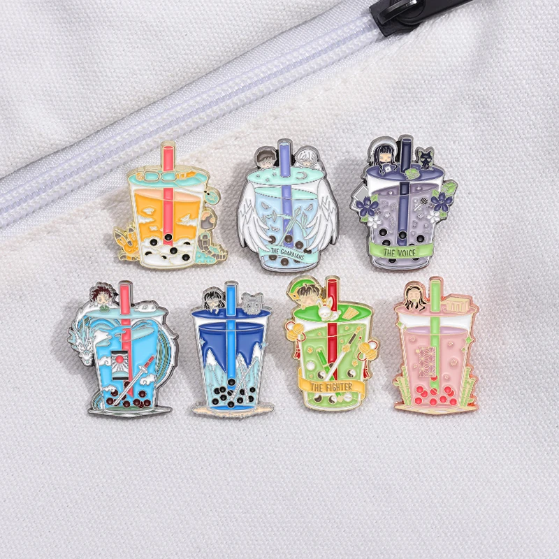 Cute Drink Enamel Brooch Blueberry Milk Tea Strawberry Yamagawa Wave Dragon Wings Milk Tea Cup Metal Badge Punk Pin Jewelry Gift