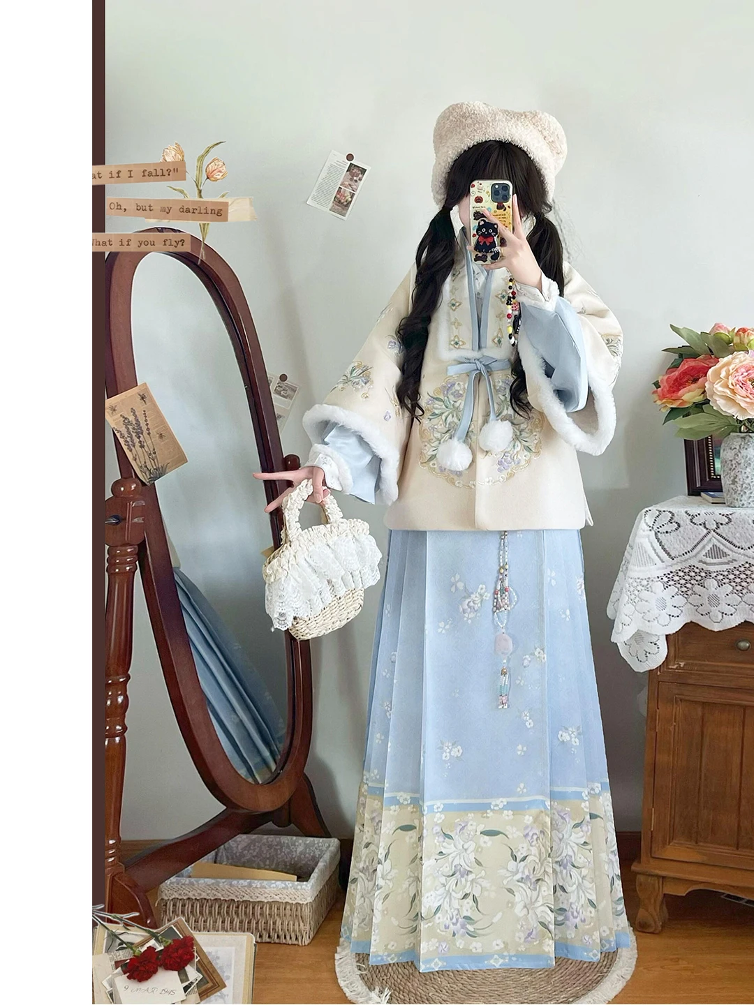 Blue Ming Dynasty Style Women's Fleece Lined Ma Dress Hanfu Daily Autumn Winter New Sweet Style under Skirt Traditional Chine...
