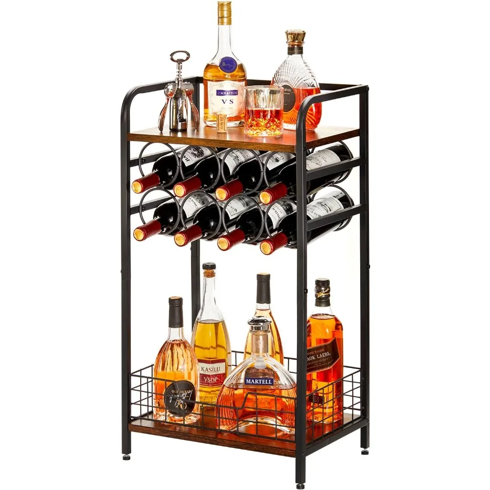 3-Tier Wine Bar Table: Small Liquor Bottle Holder with 8-Bottle Wine Rack Mini Wine Bar Cabinet Corner