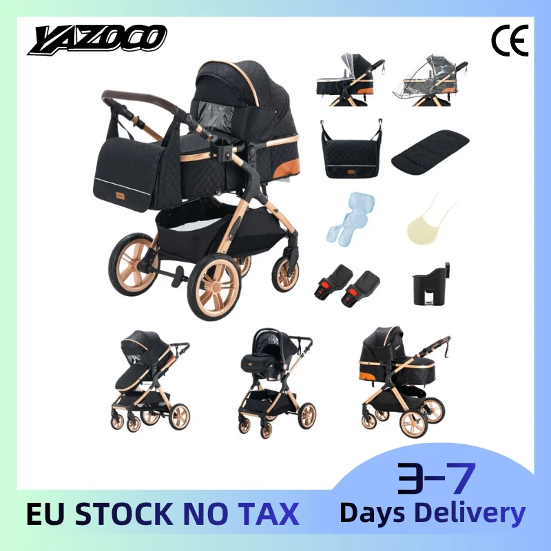 Système de voyage complet 3-en-1 pour bébé, poussette haute position avec siège auto amovible, tissu respirant anti-transpiration pour l'été, cadre en aluminium aérospatial portable, poussette compacte et peu encombrante