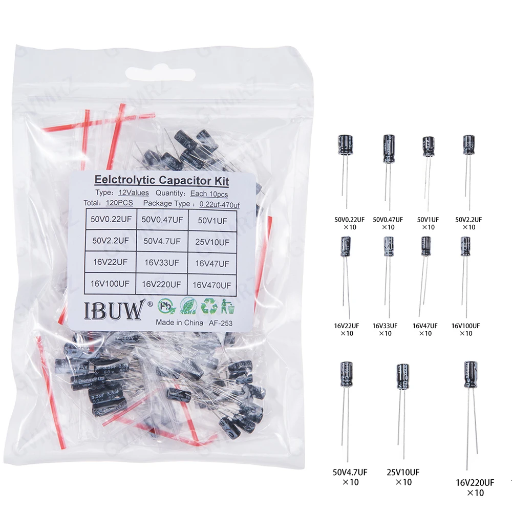 120PCS 12Values Electrolytic Capacitor Kit (0.22μF-470μF 16V-50V) for DIY Electronic Circuit Project 50V0.22UF 16V470UF16V47UF