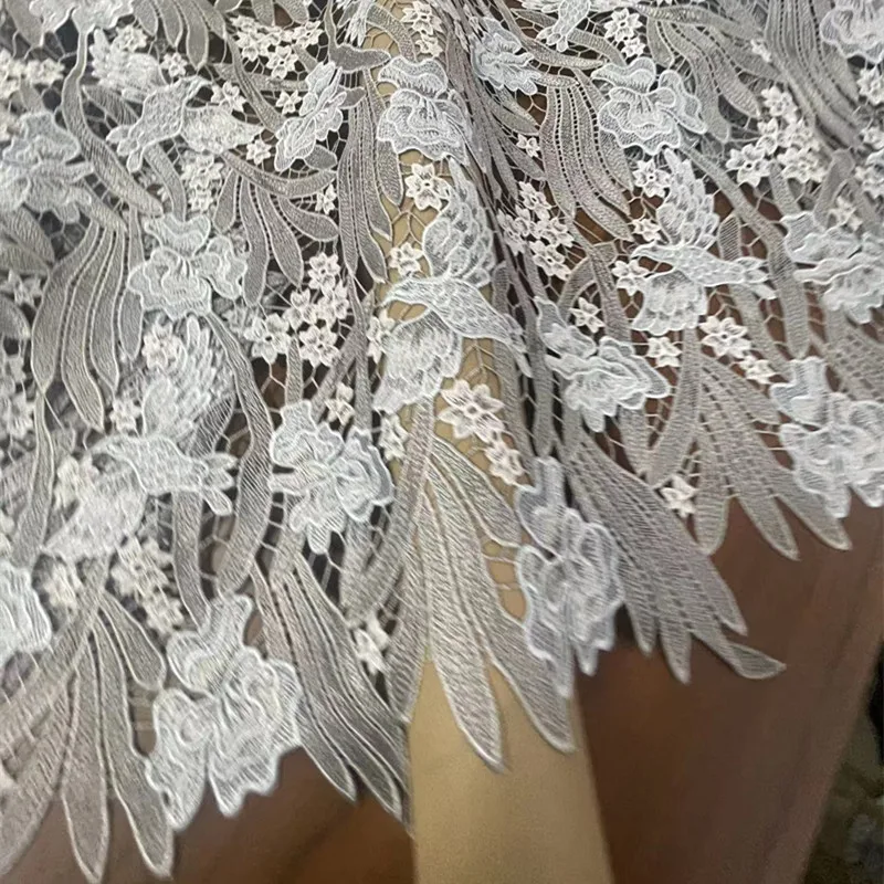 1meter Lace Fabric Gray White Patchwork Hollow Out Heavy Embroidery for Dress Skirt Evening Gown Qipao DIY Sewing Accessories