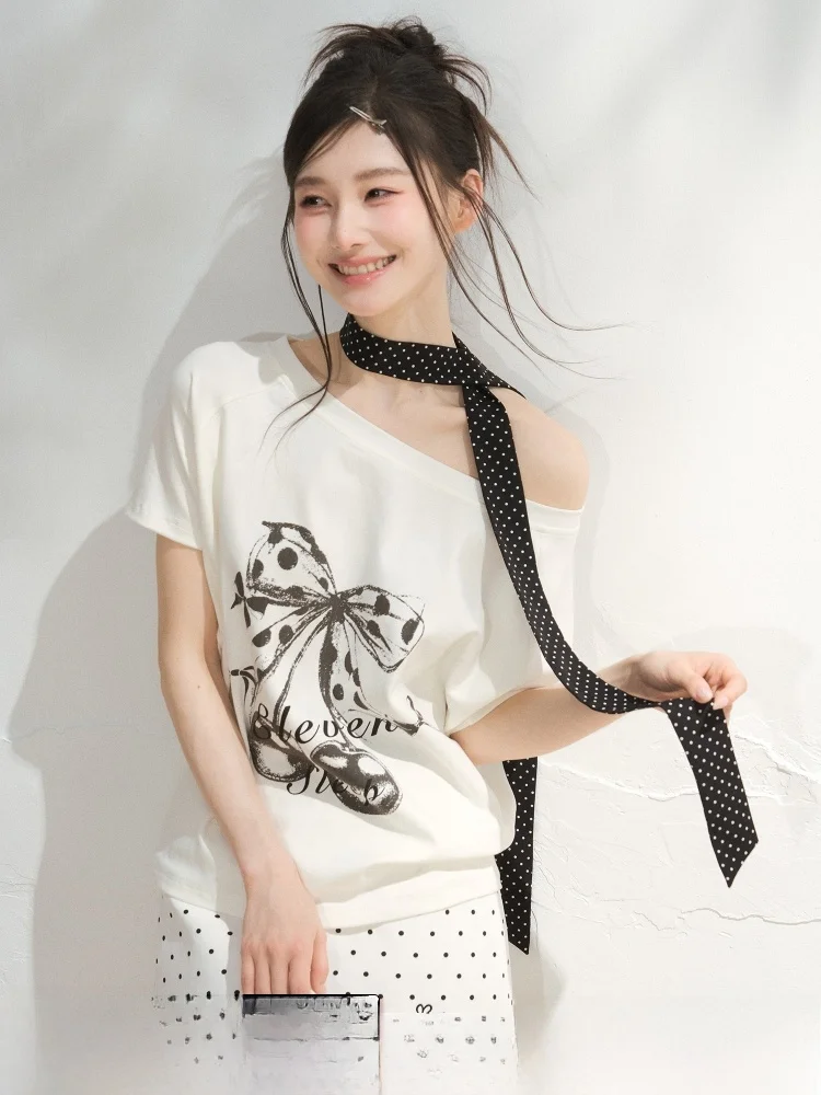 

ELEVEN SP Новая летняя женская футболка свободного кроя с принтом на плечах и коротким рукавом в корейском стиле, с креативным узором, повседневная, удобная