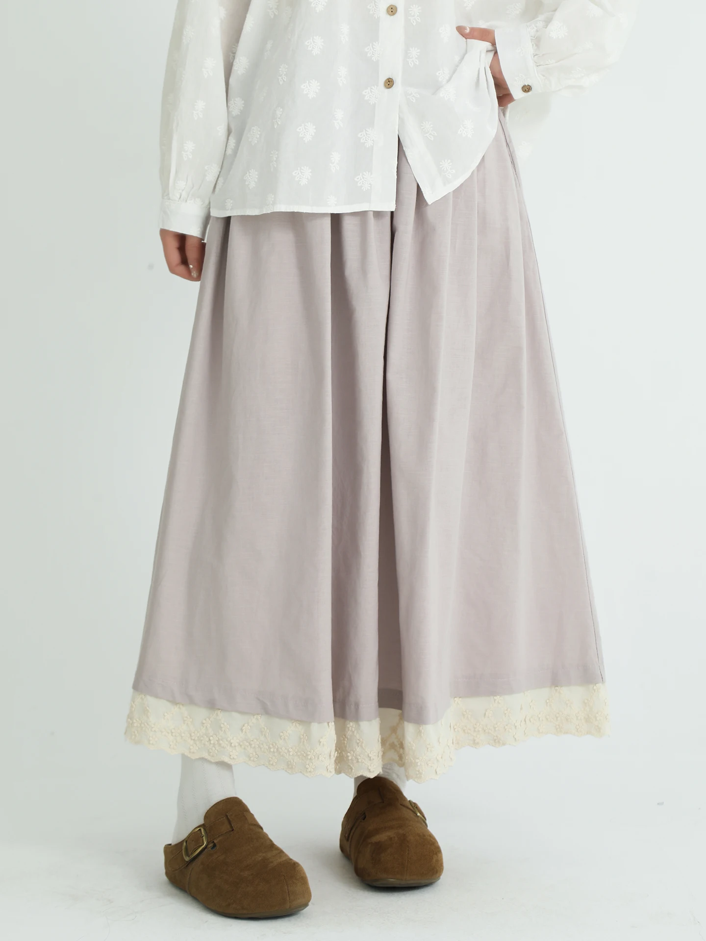 

Boeren Floral Trim Splice A-Line Skirt Women's Spring Forest System Art Sweet Slimming Loose Match All High Waist Cotton Skirt