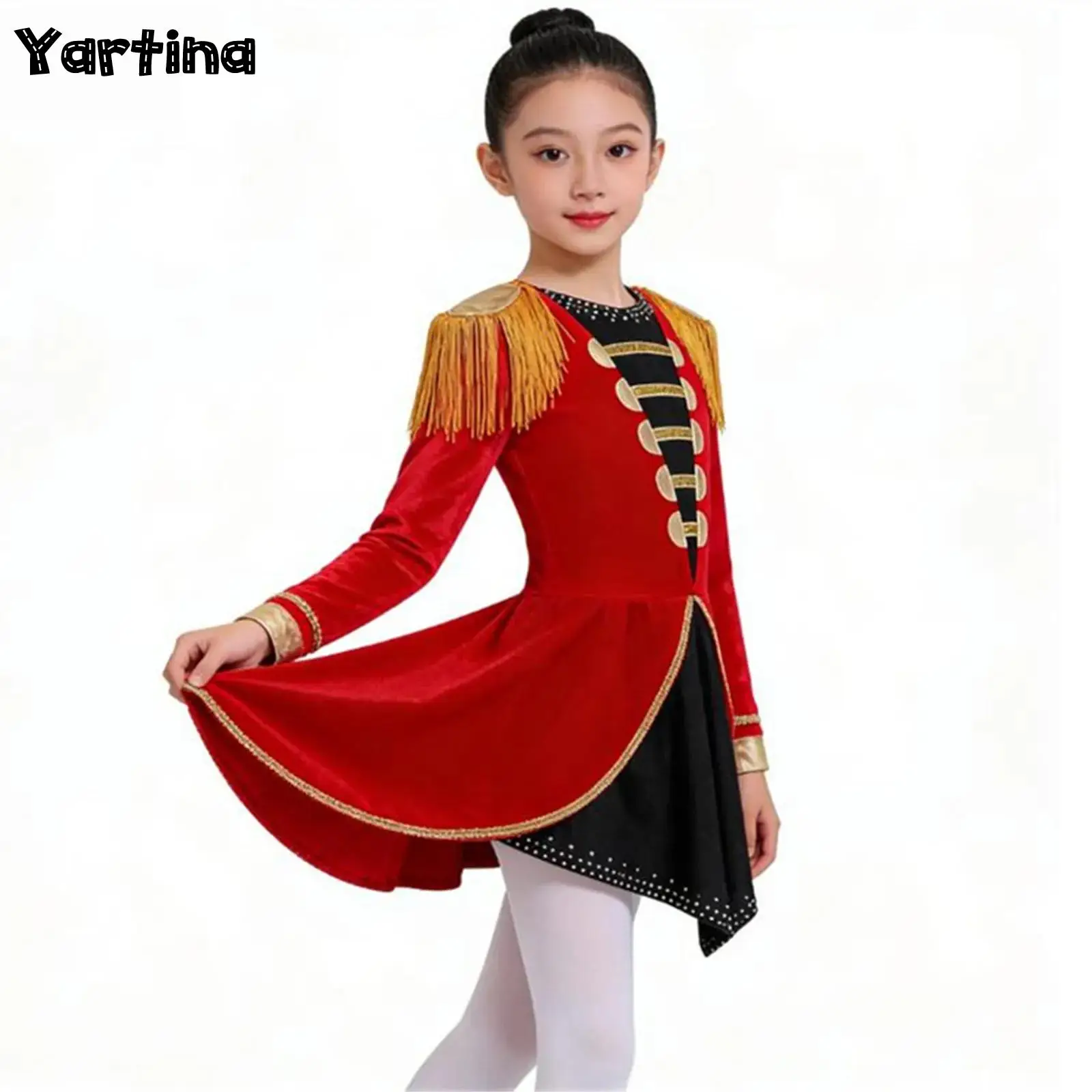 

Red Girls Circus Ringmaster Honour Guard Magician Christmas Cosplay Costume Tassels Adorned Dip Hem Lion Tamer Jumpsuit