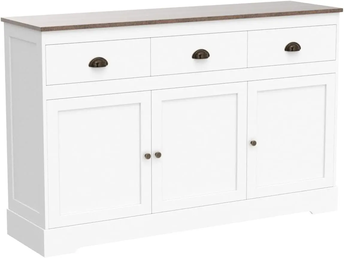 White Buffet Cabinet Storage Sideboard Farmhouse Server Bar Wine Cabinet with 3 Drawers & 3 Doors Adjustable Shelves