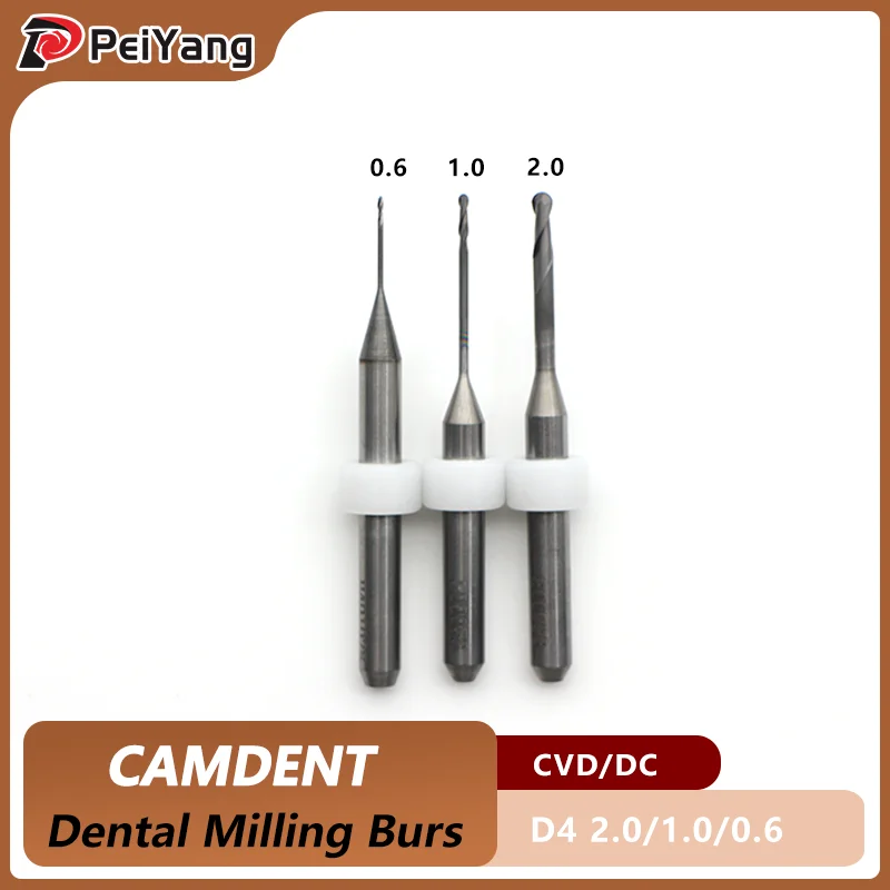 Camdent Milling Bur for Dental Zirconia DC/CVD Coating D4 Shank CAD CAM Grinding Drills 2.0/1.0/0.6mm Milling Burs