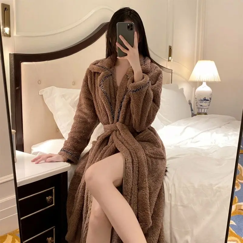 

2025 Winter Long Sleeve Thick Warm Flannel Kimono Robes for Women Korean Coral Fleece Bathrobe Sleepwear Nightdress Night Dress