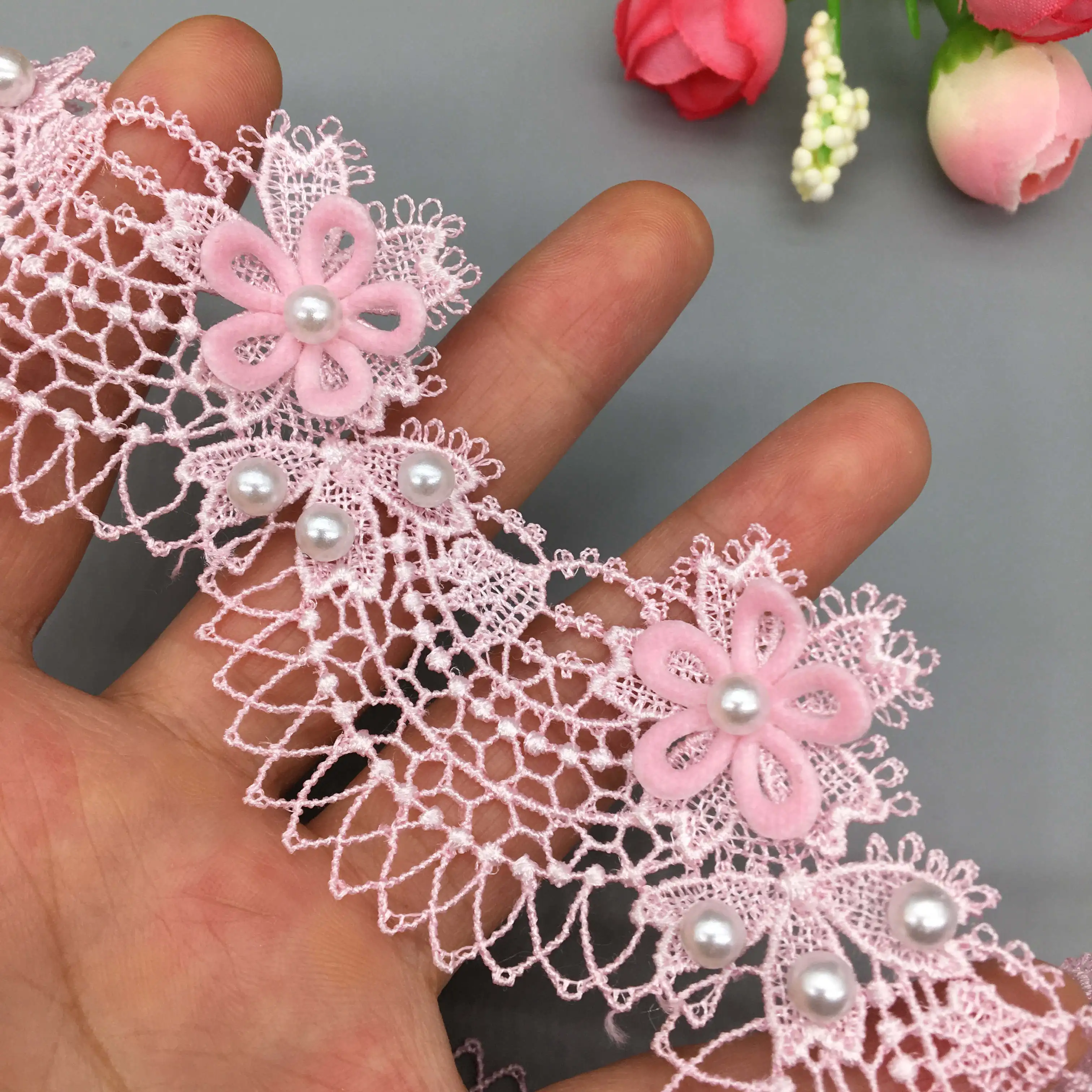 1 yard Soluble Rose Flower Pearl Ocean Waves Embroidered Lace Trim Ribbon Fabric Sewing Craft Patchwork Handmade Decoration