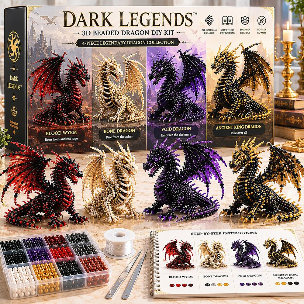 Dark Legends 3D Perlen-Drachen DIY-Set, 4 Legendäre Drachen Handarbeits-Perlenset, Kreatives DIY-Kunst-Hobby-Geschenk