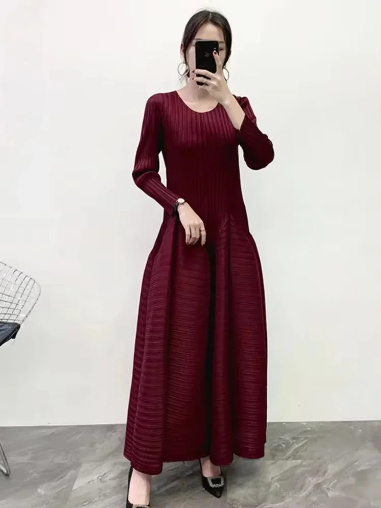 ANLAN Maxi Pleated Dress For Women Round Neck Long Sleeves Solid Color Ruffles Hem Female Party Vestido 2024 Autumn New 6PD1183