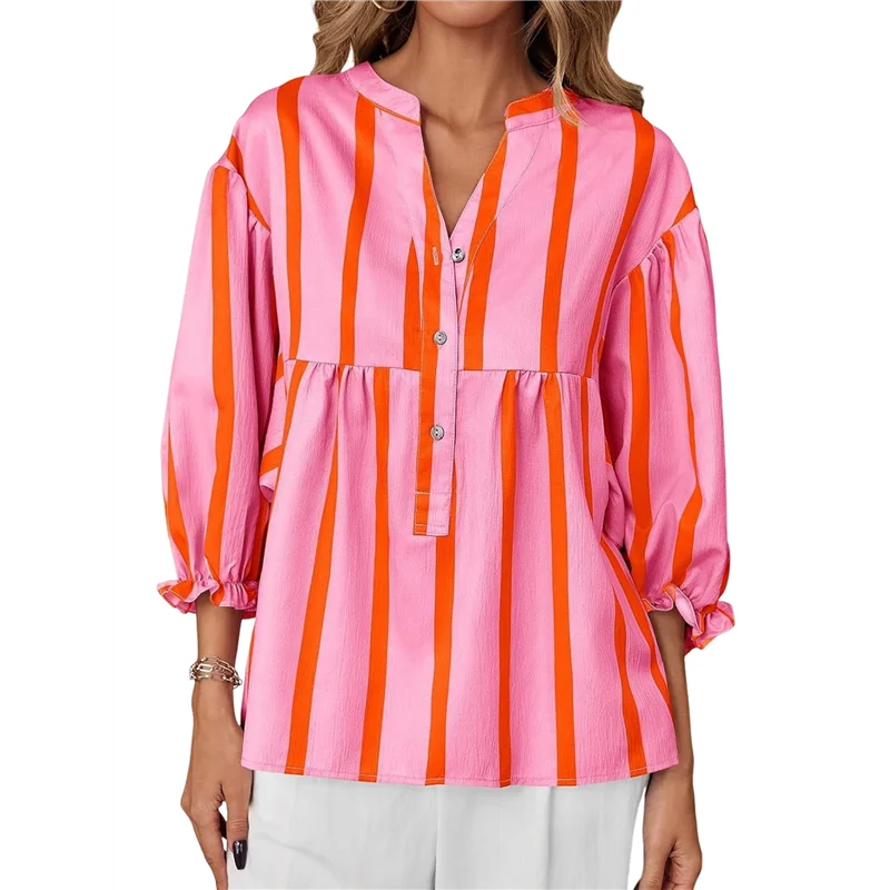 

Womens Puff Sleeve Babydoll Tops Summer V Neck Striped Blouse Cute Casual Loose Fit Flowy Shirts