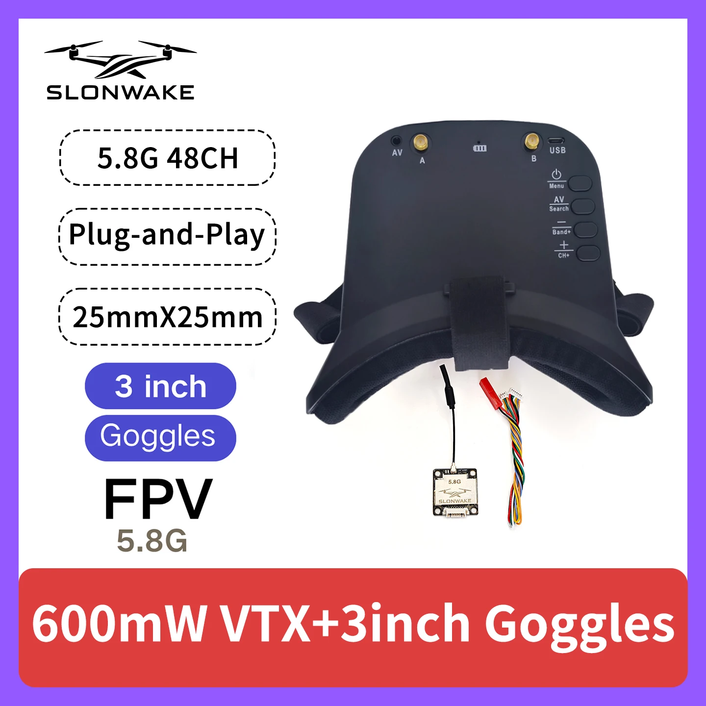 

SLONWAKE 5.8G 48CH FPV 600mw VTX with 3inch Monitor for Racing Drones RC Cars Model Aircraft Fixed-Wing Drone Acc