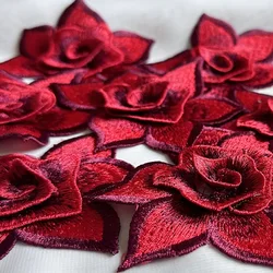 3PCS Dard Red 3d Flower Patches Embroidery African Lace Applique Sewing On Clothes Wedding Dress Cap Decor Patch Diy