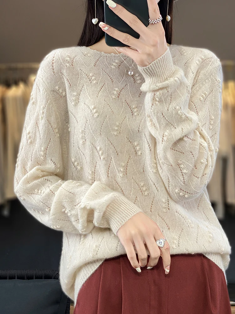 Women Sweater Hollow Out O-neck Pullover 100% Merino Wool Knitwear Vintage Loose Twist Flower Cashmere Spring Autumn Female Tops