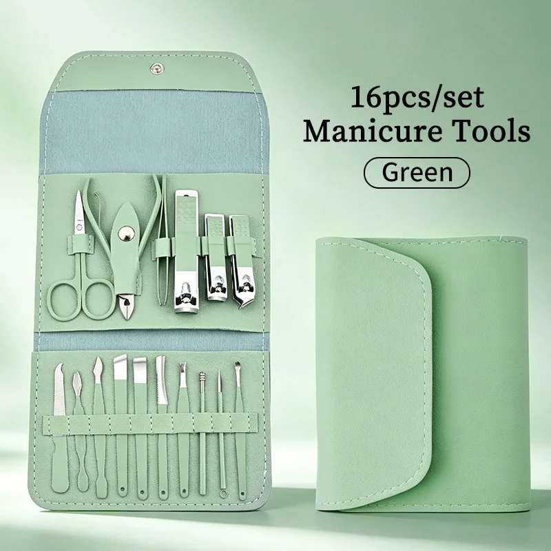 

16pcs Nail Clippers And Cuticle Nippers Set Matcha Green Stainless Steel Nail Clippers Suit Manicure Clippers Protection Tools