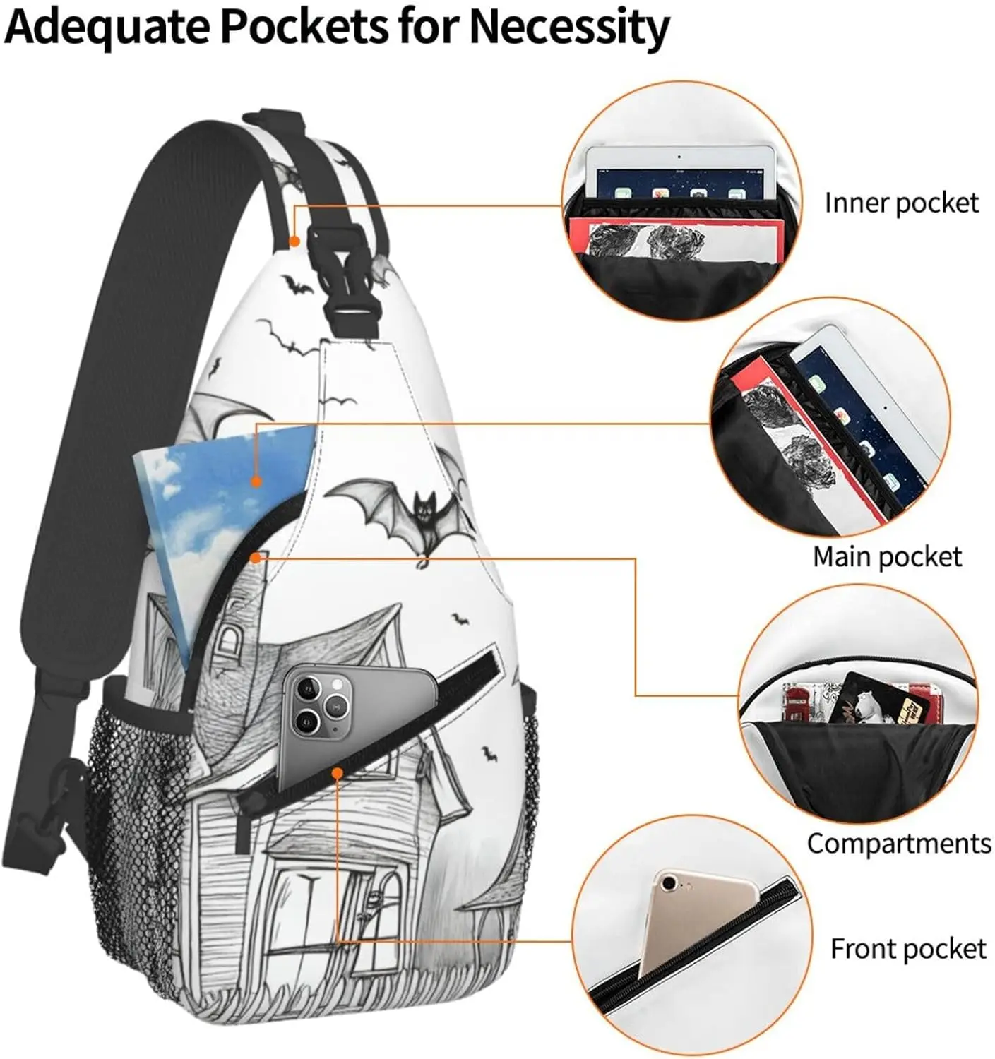 Murciélagos voladores de Halloween 1 bolso cruzado diario con estampado, mochila de hombro, bolso de pecho, mochilas, para viajes al aire libre, informal