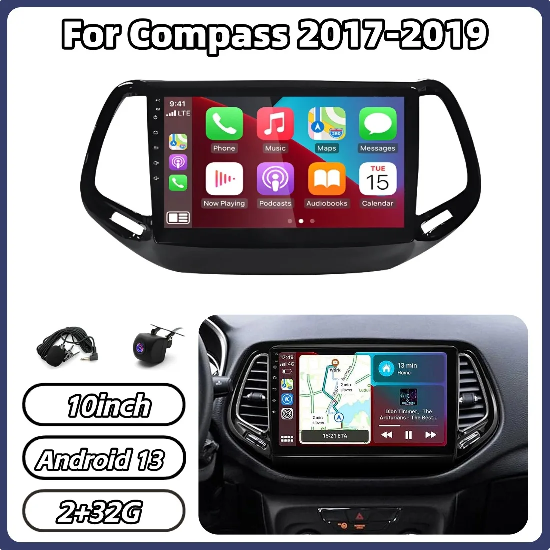 

10-дюймовая автомагнитола на Android 13 с 2+32 ГБ памяти для Compass 2017-2019, беспроводная, с поддержкой CarPlay, Android Auto, Wi-Fi, GPS, Bluetooth, SWC
