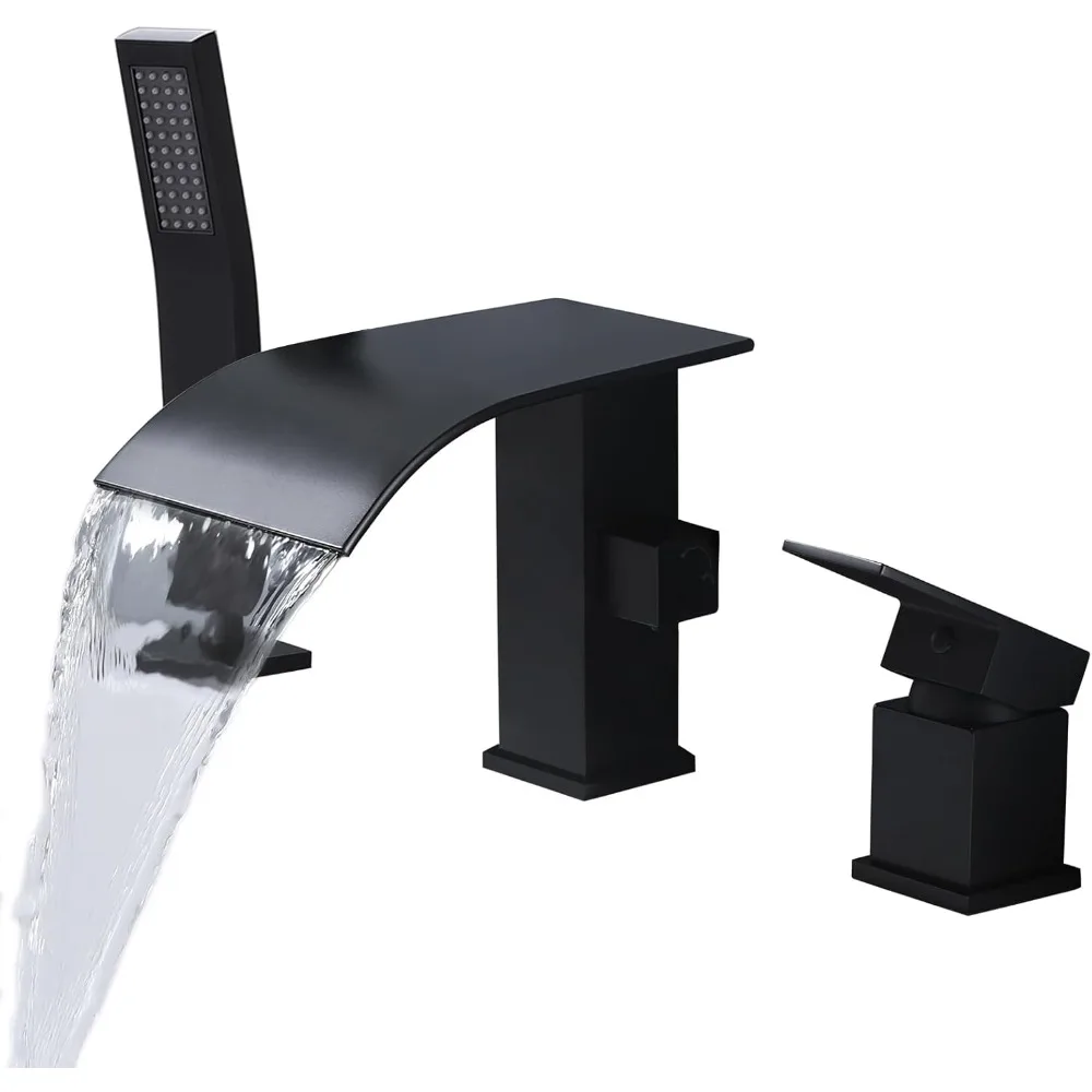 Waterfall Roman Tub Faucet with Hand Shower, Deck Mount Tub Filler Bathtub Faucet with Sprayer, Single Handle Bathtub Faucet Set