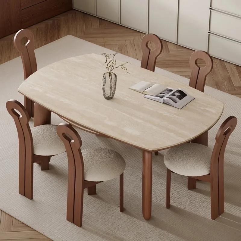 Picture 3: French medieval style solid wood travertine rock slab retractable dining table household retro style living room dining table