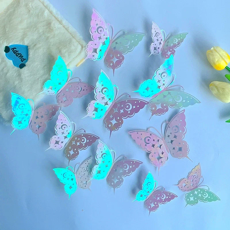 12Pcs/Set 3D Hollow Butterfly Wall Sticker Laser Colorful Wedding Decoration Living Room Home Decor Butterflies Decal Stickers
