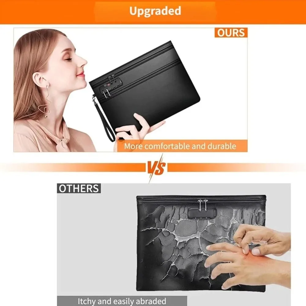 

Lockable Fireproof Document Bag Waterproof Handheld Dual-Zip Cash Pouch Large Capacity Portable Safety File Folder Letter