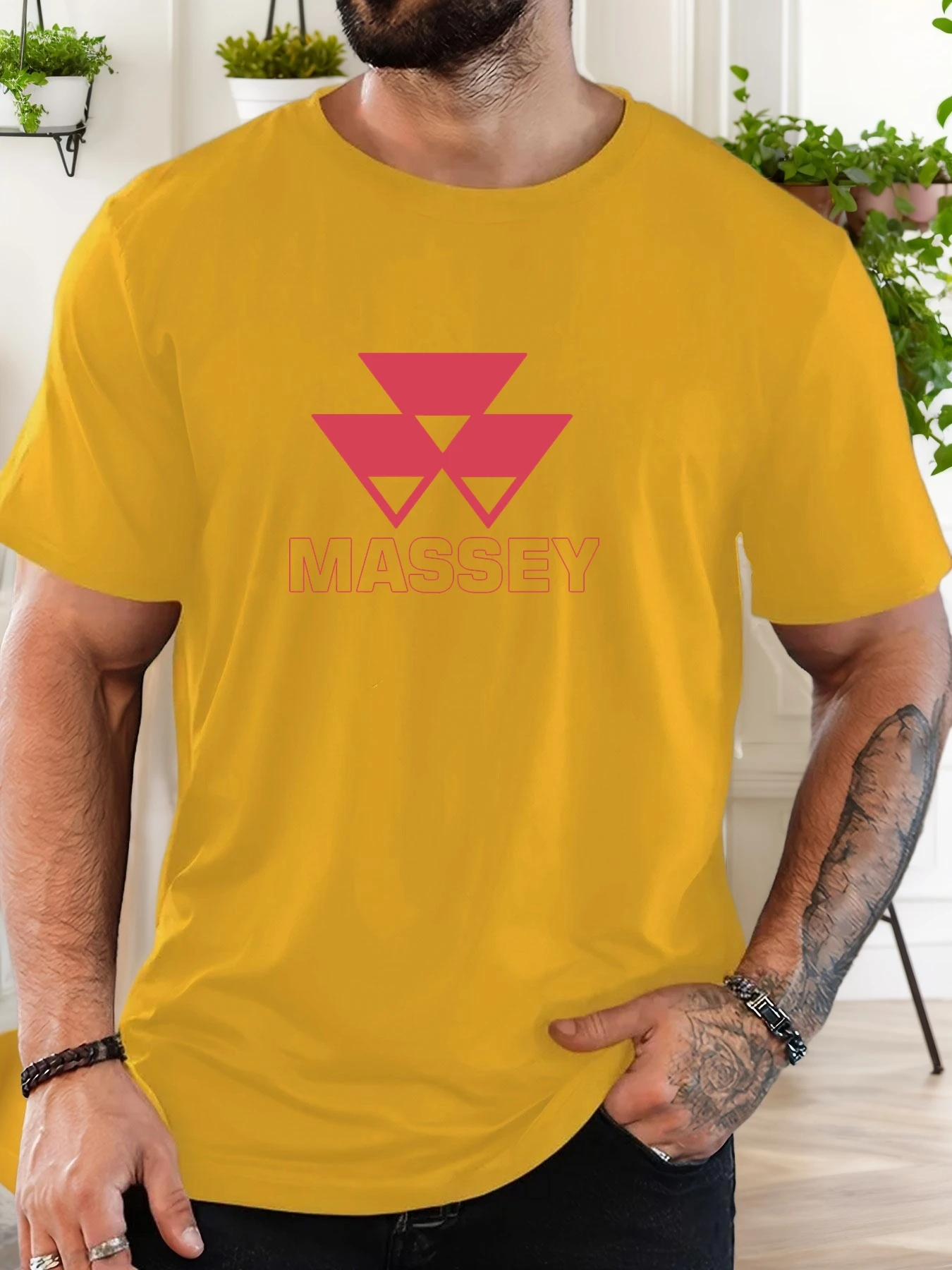 Men's 100% Cotton Printed T-Shirt MASSEY Pattern Summer Casual Oversized Round Neck Short Sleeve Comfortable Daily Wear Tee