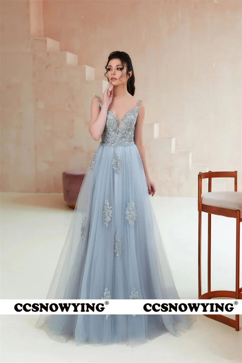 Fashion Tulle Appliques Prom Dresses Sleeveless Double V Neck Formal Evening Party Gowns A Line Robes De Soirée