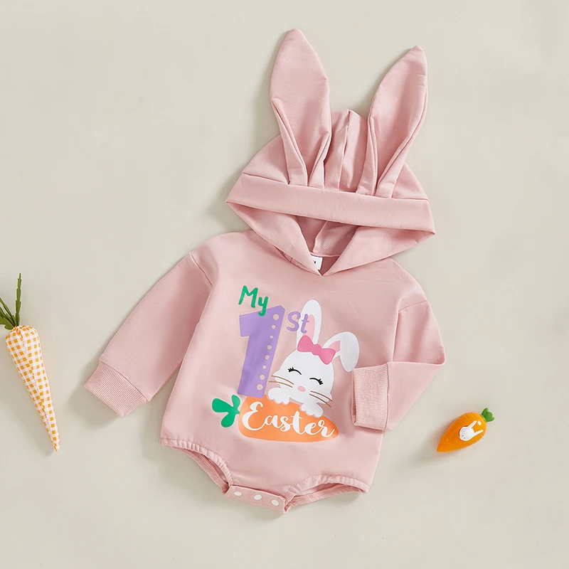 Infant Toddler Unisex s Sweaters Spring Outfits Easter Bunny Rabbit Printed Long Sleeve Rompers Hooded Jumpsuits