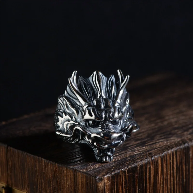 

925 Sterling Silver China Totem Animal Dragon Rings for Men Thai Silver Dragon Head Ring Steam Punk Jewelry Unusual Animals Ring