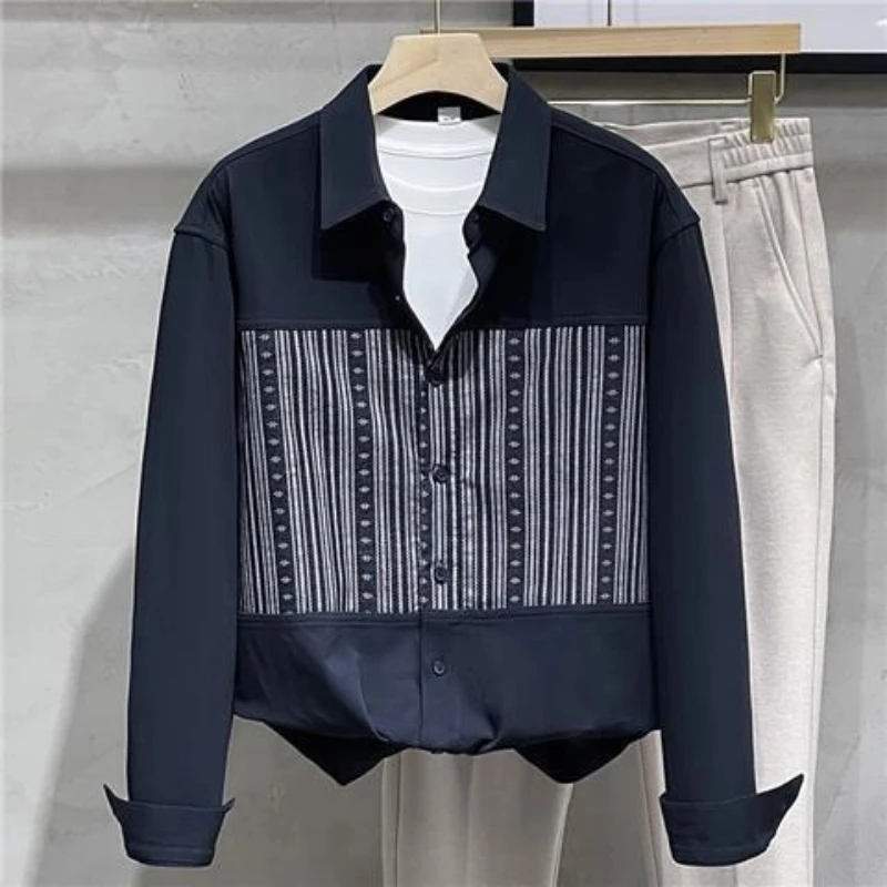 

Striped Contrast Patchwork Vintage Blouse Spring Autumn New Long Sleeve Polo Neck Loose Korean Shirt Tops Fashion Men Clothing