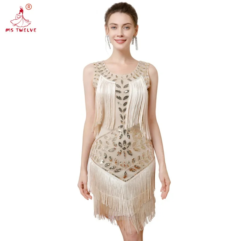 1920s Gatsby flapper , plus size beaded fringe gown vintage U-neck sequins party dress for women