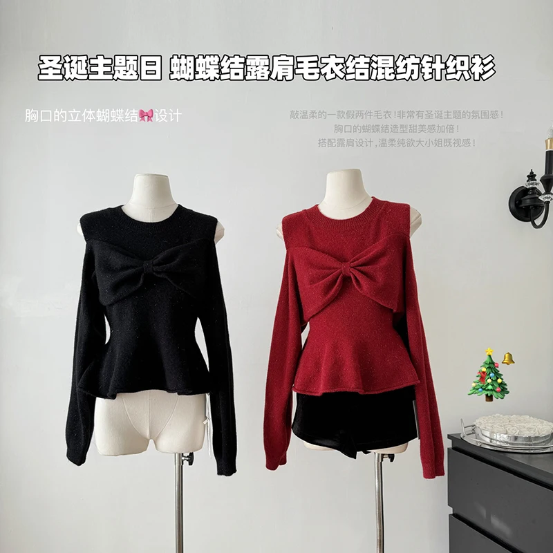 Autumn Winter New Fashion Sweet Bow Knitted Tops Solid Color Elegant Hollow Out Off Shoulder Knitwear Sweaters Casual Versatile