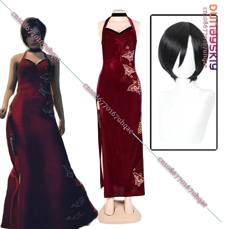 Female Resident 4 Ada Wong Cosplay Costume Red Cheongsam Dress Black Wig Full Set 2025 Anime/Halloween Carnival Suit Women Girls