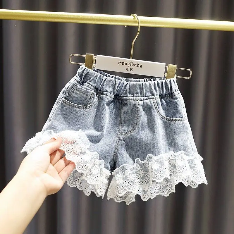 

Girls' Clothing Korean Elastic Waist Double Pockets Patchwork Lace Hollowed Out 2023 Children Summer Cotton Loose Casual Shorts