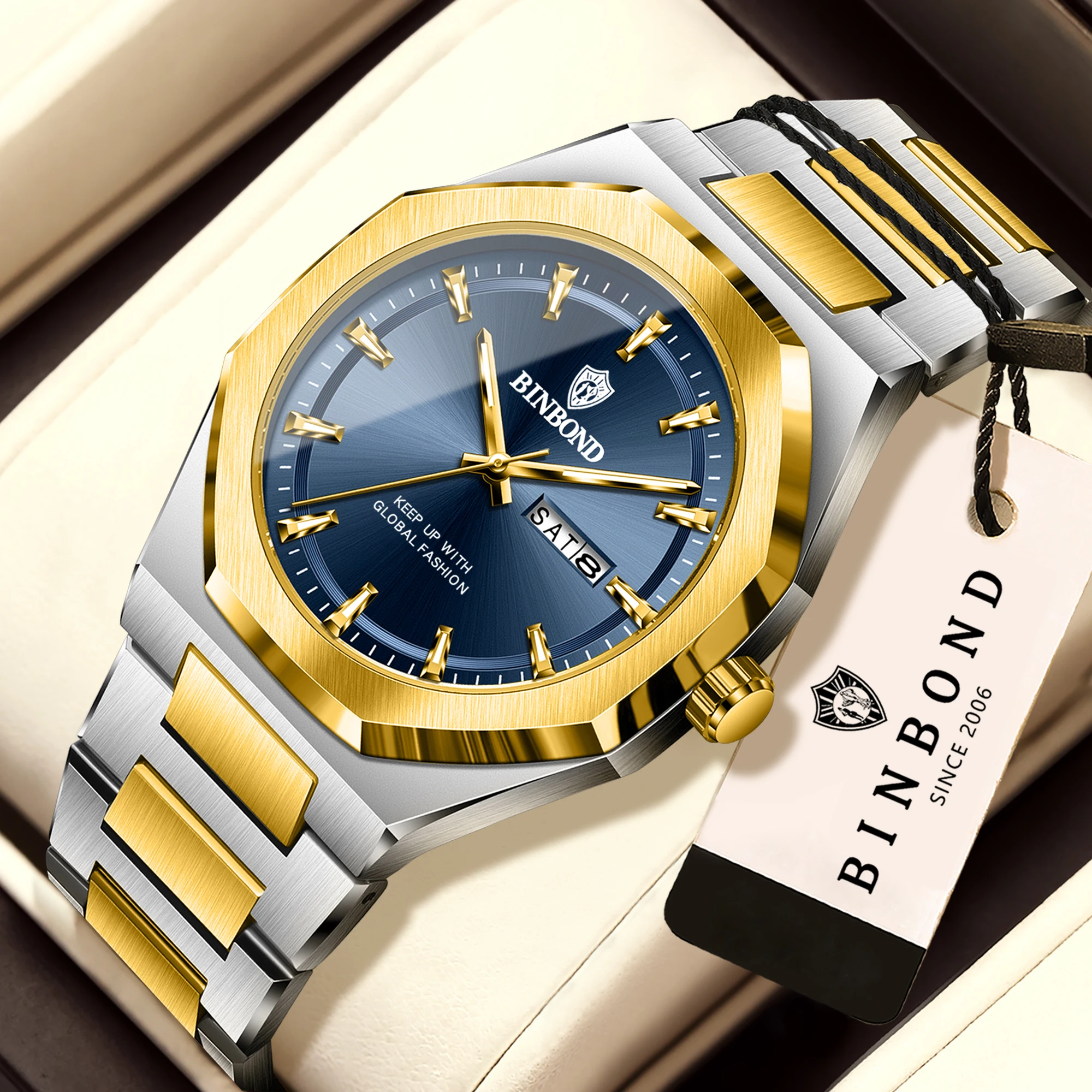 BINBOND Sturdy Quartz Watches for Men Auto Date Week Display Accurate Men's Watch Waterproof Reloj Luminous Wristwatch+Box