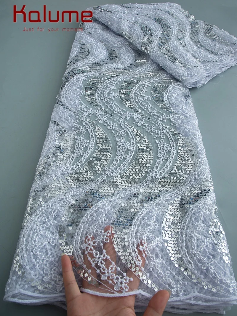 Kalume African Tulle Net Lace Fabric Wedding White Lace Sequined Mesh Lace Fabric For Sewing Women Party Wedding Dress F4527