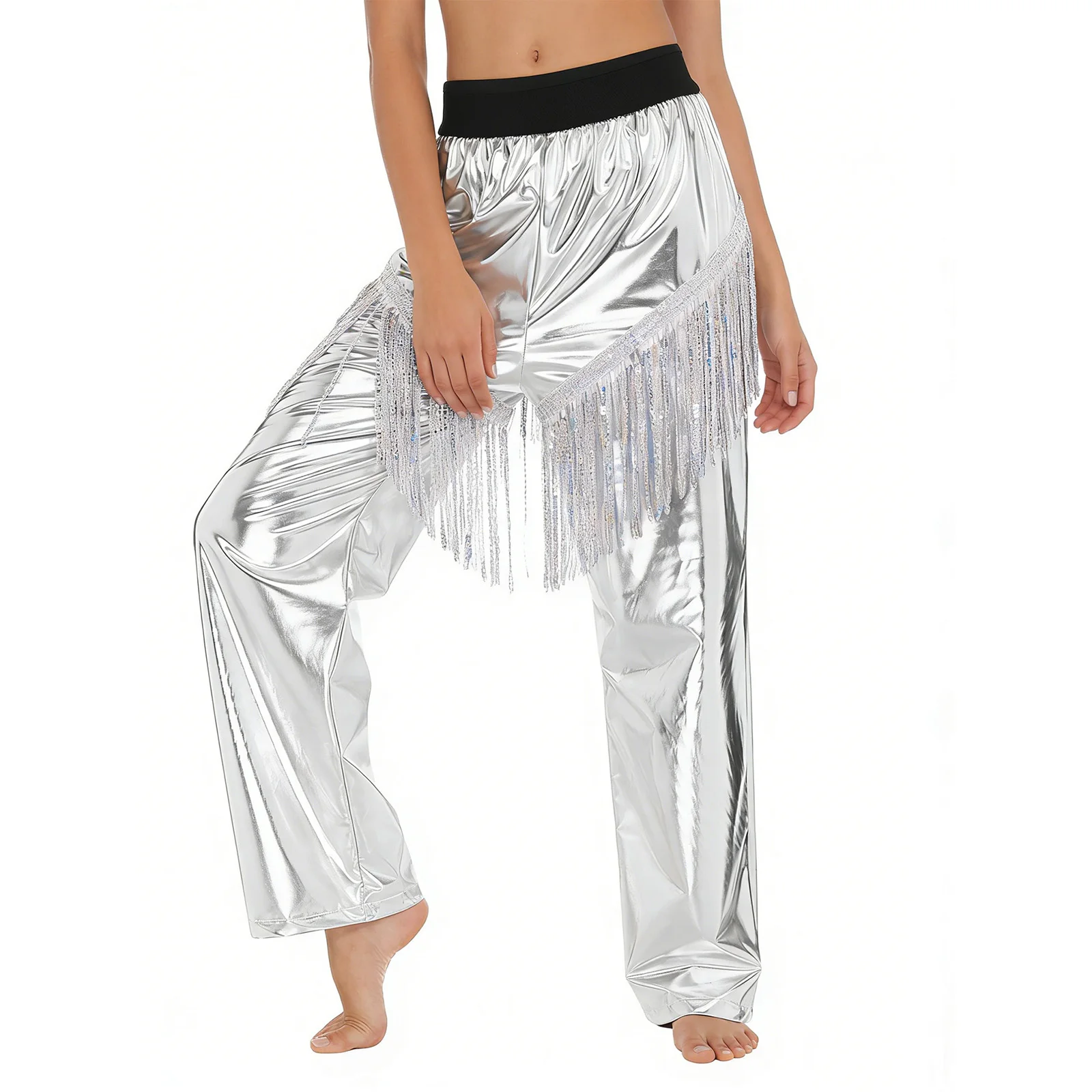 Women Disco Hip Hop Jazz Dance Performance Pants Metallic Shiny Sequin Tassels Loose Straight Trousers Clubwear Streetwear