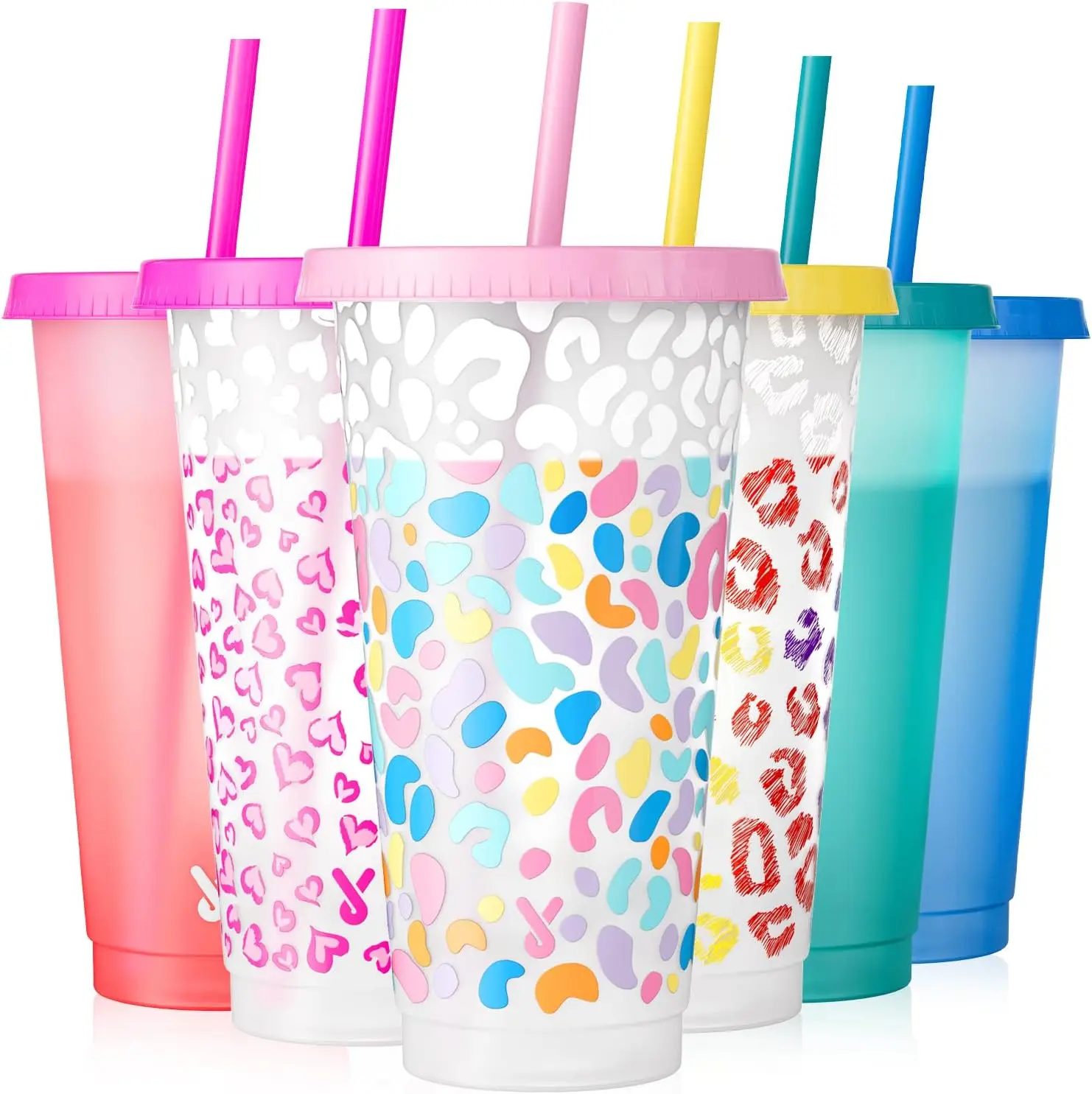 

24oz Color Changing Cups with Lids & Straws - 6 Pack Reusable Iced Coffee Tumblers for Party, Car, Adults, Women, BPA-Free
