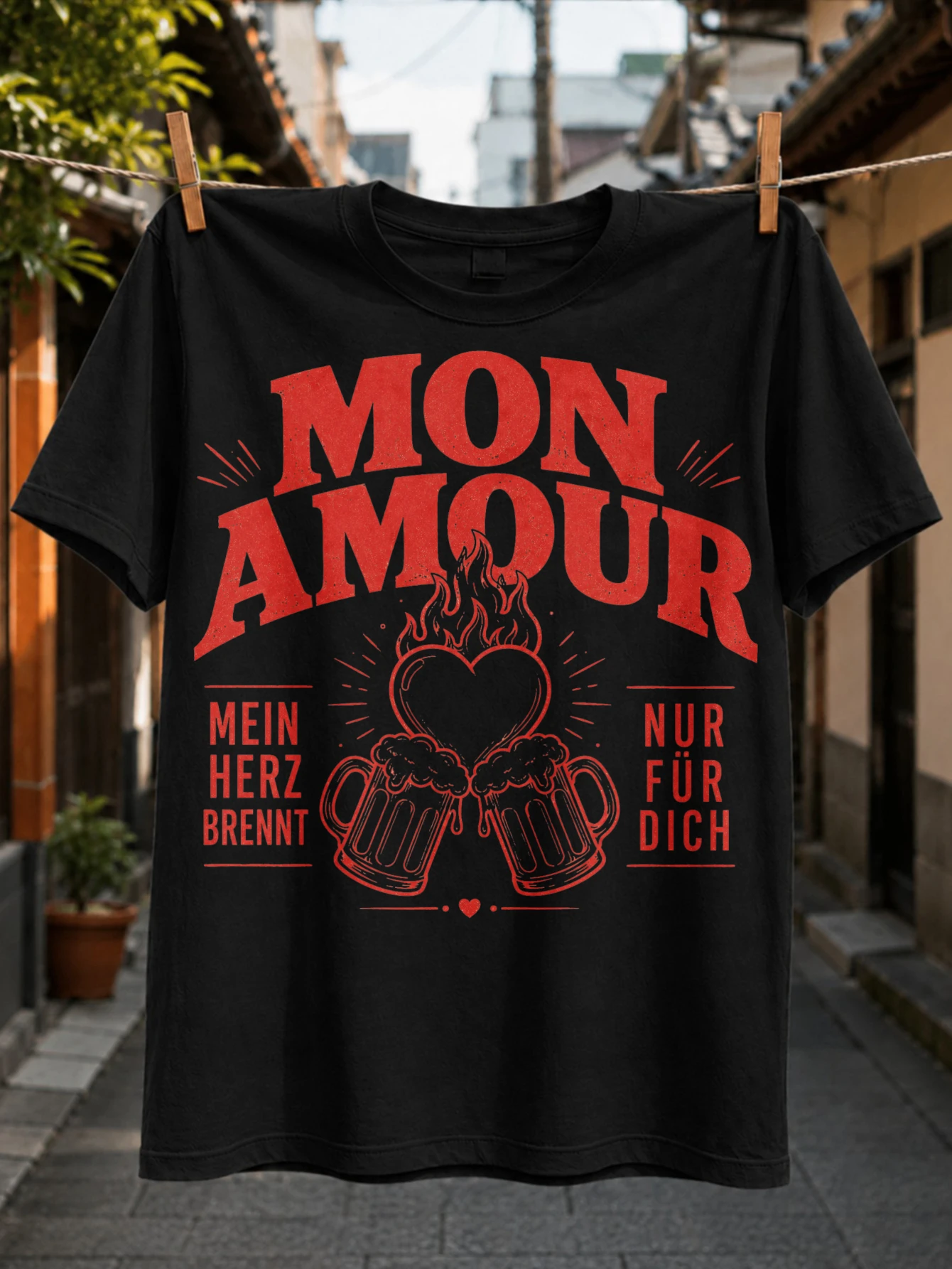 Mon Amour Mein Herz Brennt Nur Fur Dich lettering with flaming heart and clinking beer in red  Unisex All T-Shirt