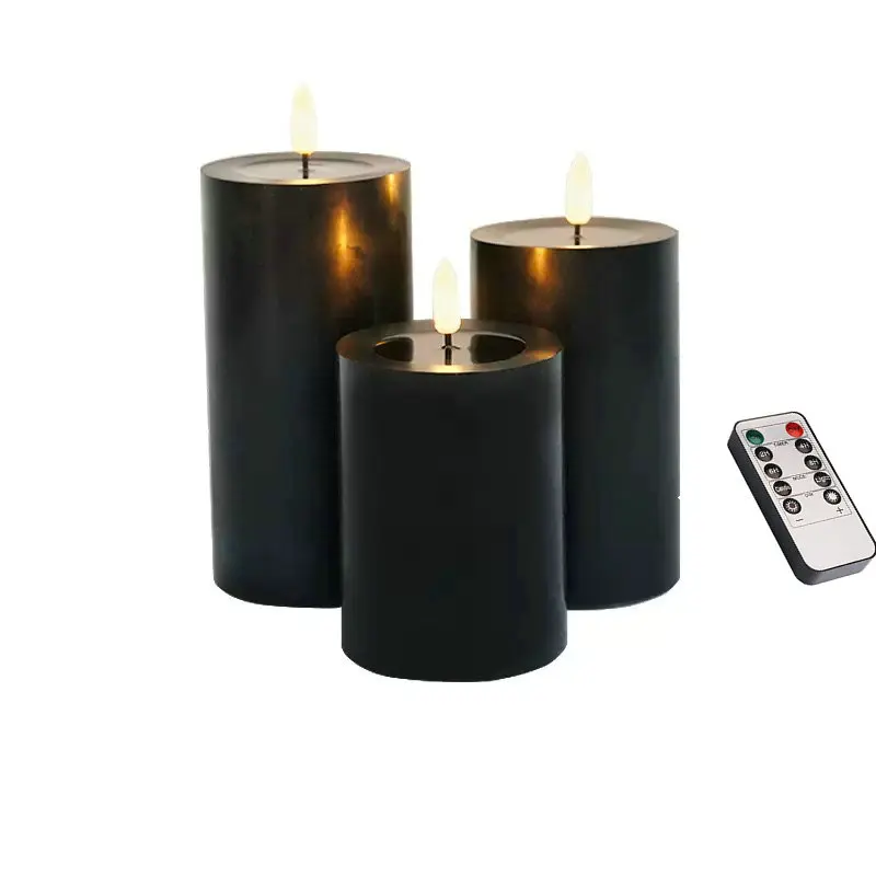 3pcs Black Flameless Pillar Candles W/Remote Timer Flickering LED Paraffin Wax Candles Battery Operated Set of 3 Window Candle
