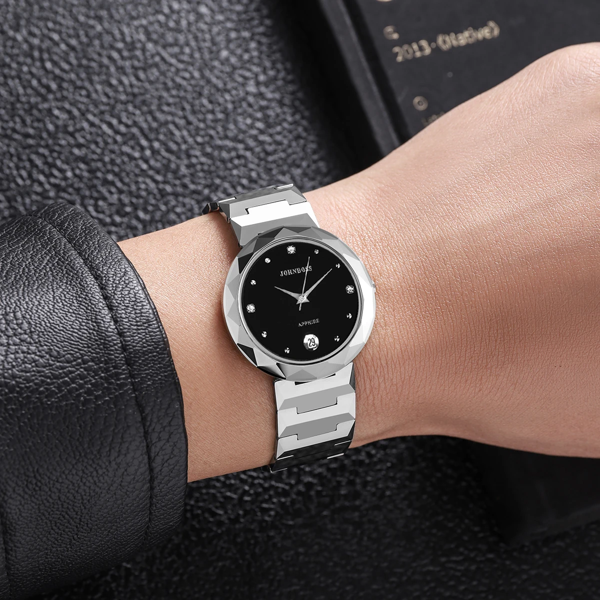 JS круглые тонкие вольфрамовые стальные ремешки с датой, водонепроницаемые часы, мужские швейцарские кварцевые часы с сапфировым стеклом, деловые часы