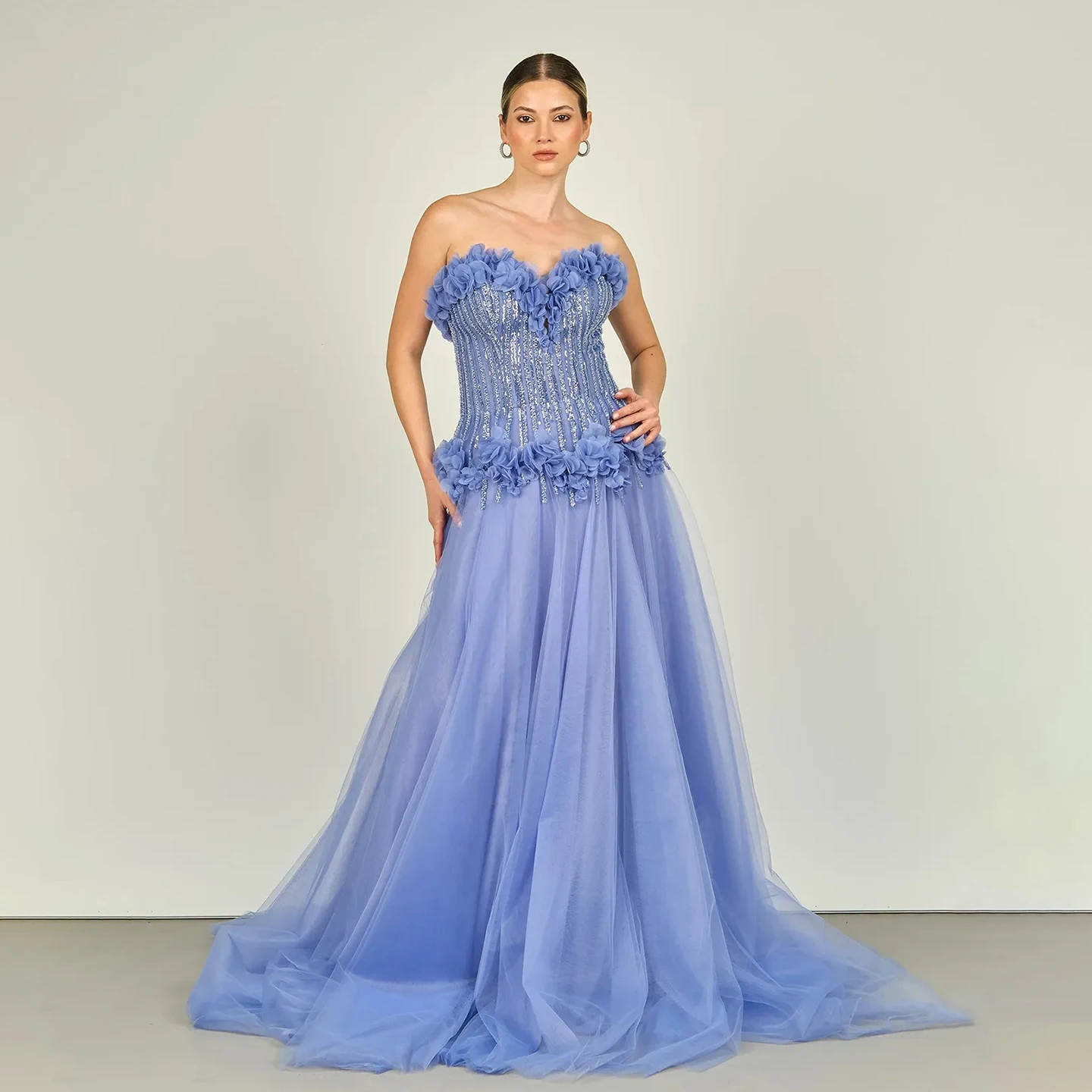 Robe de soirée sans bretelles, ornée de fleurs, romantique, fluide, en Tulle, ligne a, robe formelle, longueur au sol, robe élégante