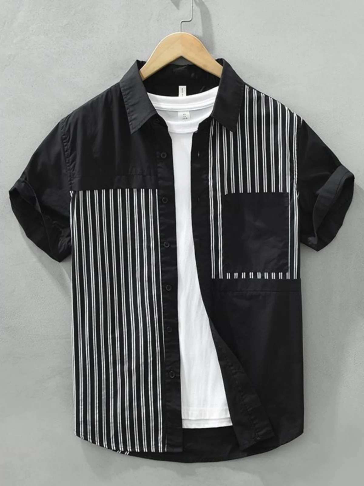 

Quick Dry Stripe Patchwork Ice Silk Casual Lightweight Half Sleeve Men's Summer Shirt Cool Feeling Loose Fit Sun Protection
