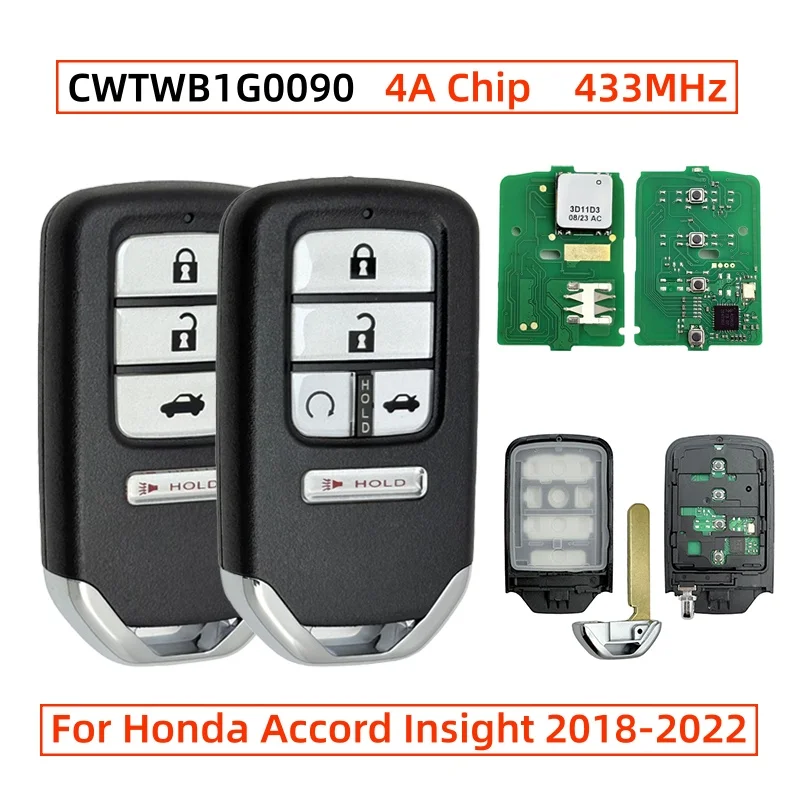 CWTWB1G0090 72147-TVA-A21 72147-TWA-A1 4/5 Button Replacement Smart Remote Key 433MHz 4A Chip For Honda Accord Insight 2018-2022