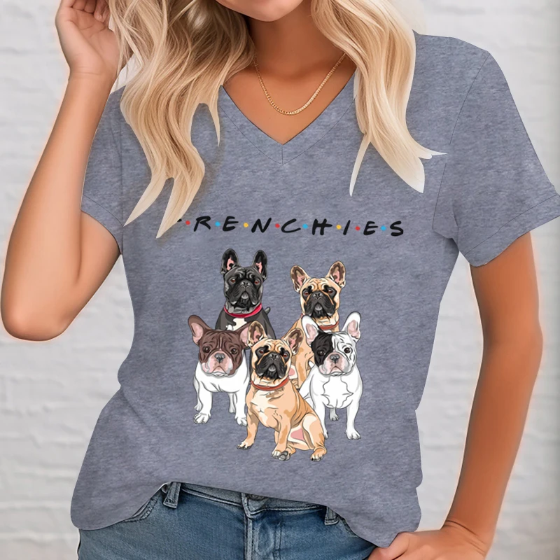 Women\'s Clothing Frenchies Friends Graphic T Shirts Women Fashion Funny French Bulldog Lover Gifts V-neck Summer Short Clothes