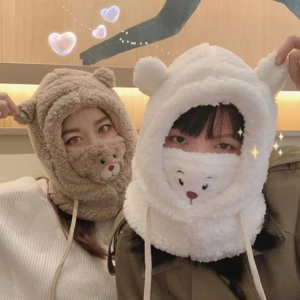 الدب القطيفة قبعة مريحة الشتاء الأذن غطاء رفرف وشاح قناع مجموعة لطيف بيني قبعة لفصل الشتاء التزلج الطقس البارد #5